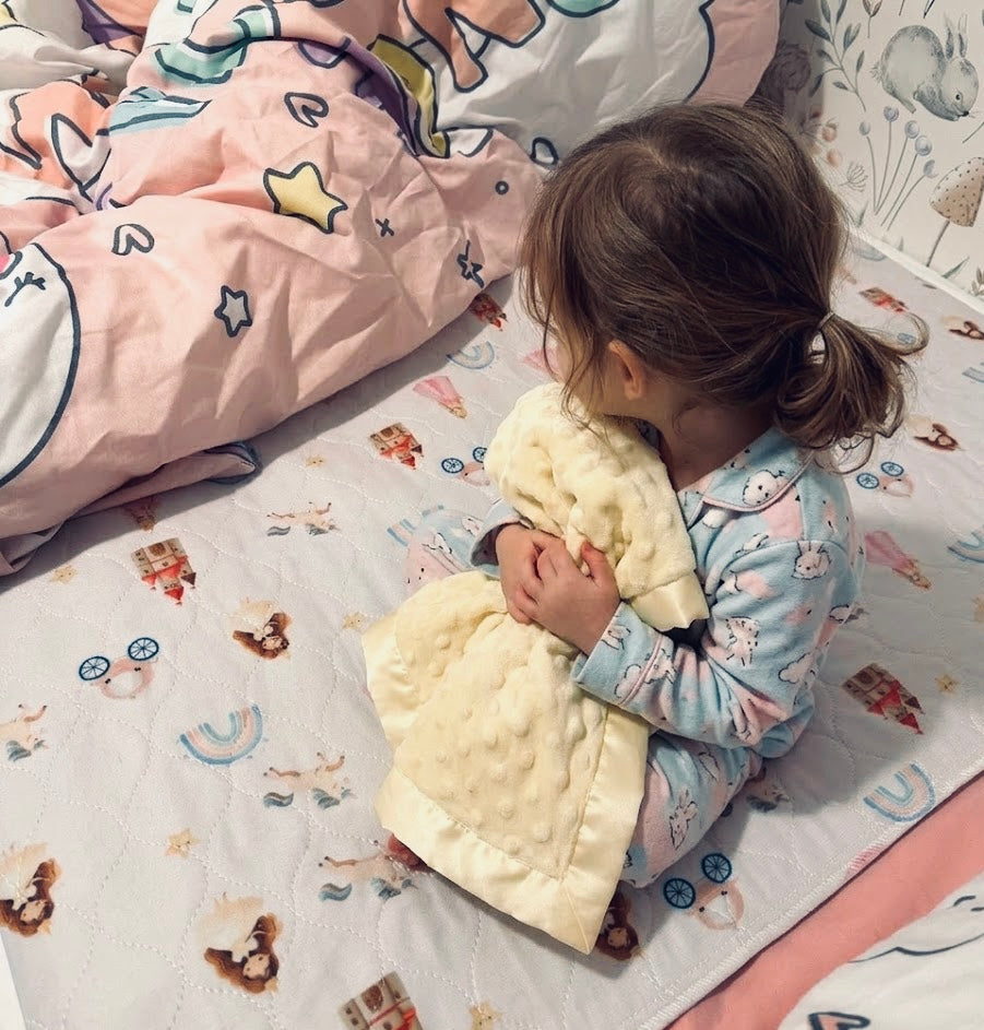 Child holding a plush toy on a bed with colourful bedding and a Quiet Kingdom Mattress Bed Sheet Protector