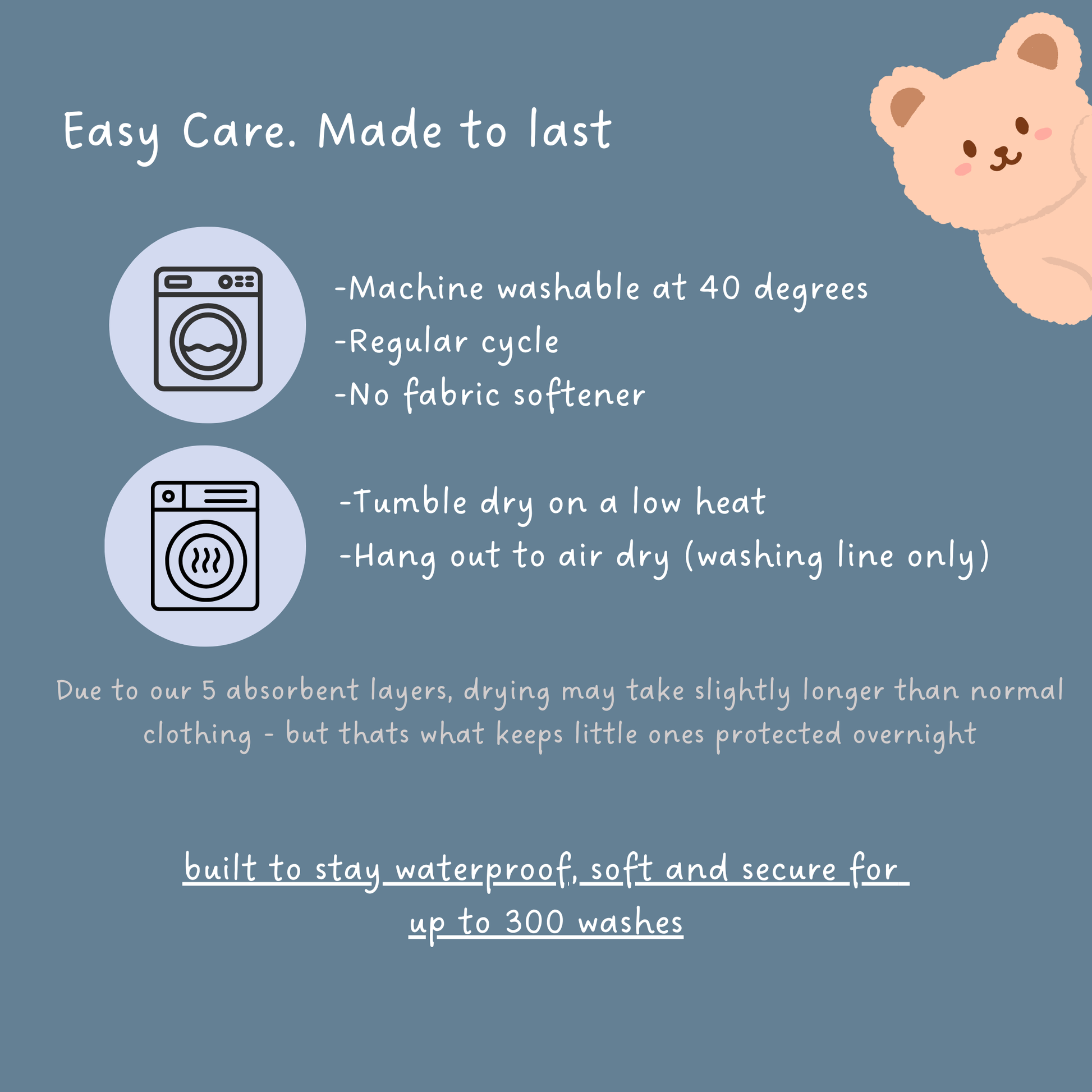 Washing instructions for a product with a bear illustration on a blue background